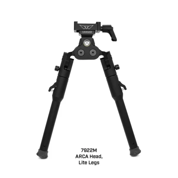 Warne Skyline Pro Bipod, front view with black ARCA mount and LITE legs extended