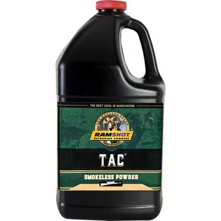 Ramshot Tac Rifle Powder, black jug in front view with red cap and green label