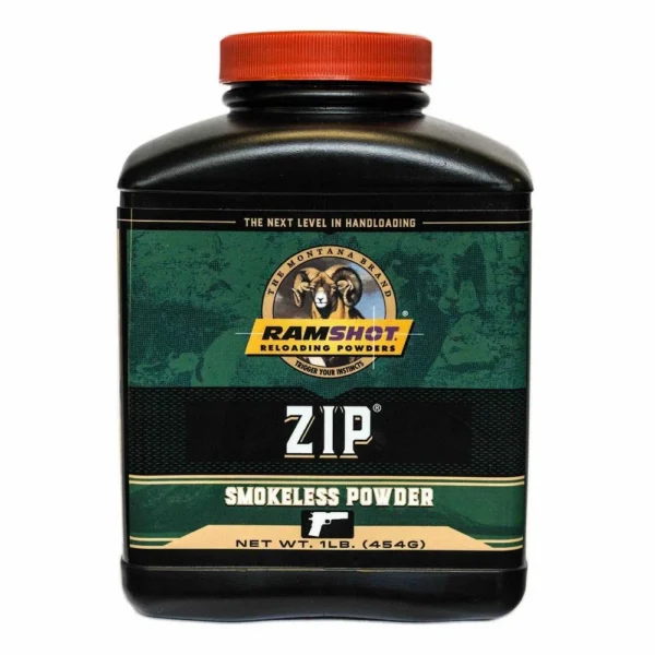 Ramshot ZIP Handgun Powder, black bottle with red cap and green label, front view