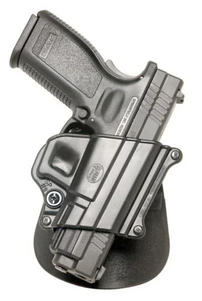 Fobus Compact black paddle holster holding a pistol, angled side view with retention screw