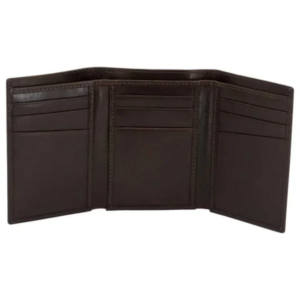 Rugged Rare Smith & Wesson Tri-Fold Wallet, open front view in dark brown with card slots