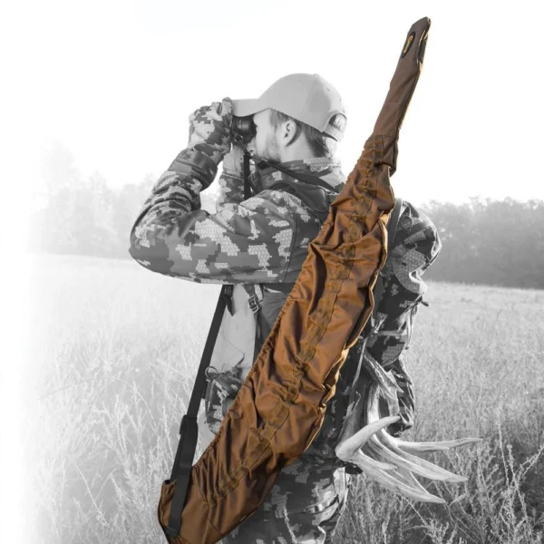 AOB Caldwell Fast Case Gun Cover, brown camouflage cover on a long gun carried by a hunter