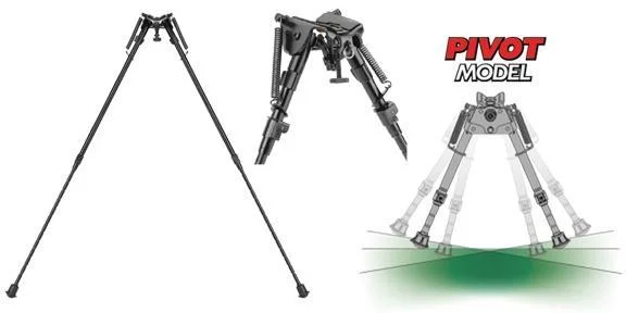 AOB Caldwell Pivot Model XLA Bipod, black bipod shown extended with pivot-position diagrams