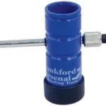 AOB Frankford Arsenal Powder Trickler, blue upright body with silver side tube and adjustment knob