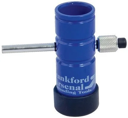 AOB Frankford Arsenal Powder Trickler, blue upright body with silver side tube and adjustment knob