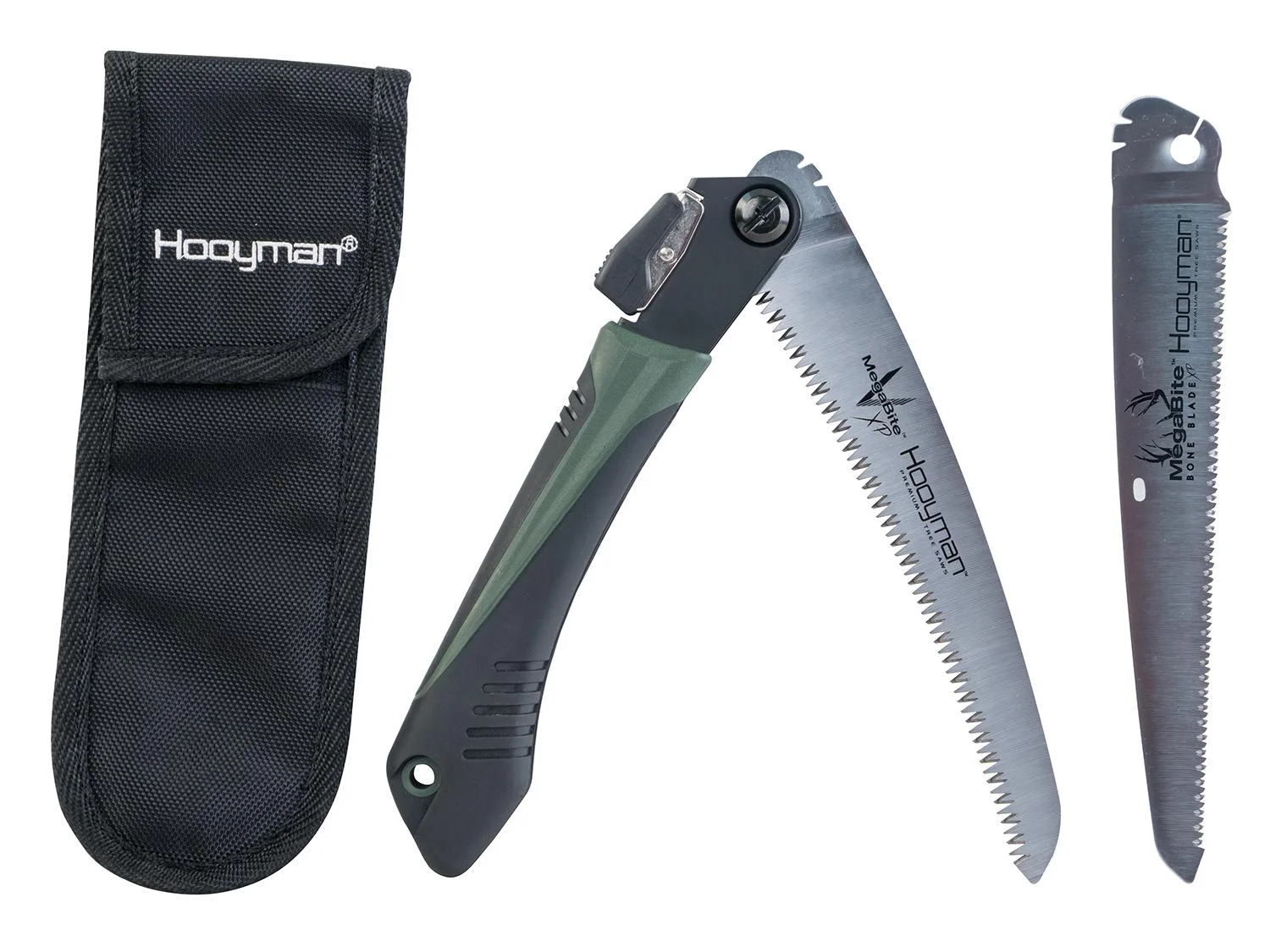 primary-35680 AOB Hooyman Megabite Hunters Combo, folding saw open beside black sheath and spare blade