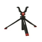 AOB BOG Rapid Shooting Rest, black front view with three legs, red feet and forked cradle