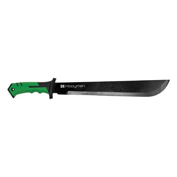 AOB Hooyman Bush Machete, black blade side view with green and black handle