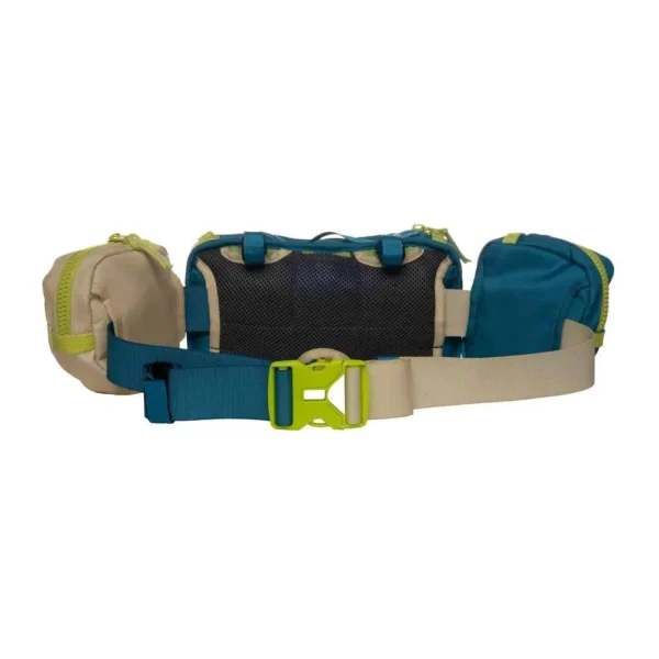 AOB Ultimate Survival Swerve hip pack, blue and tan rear view with padded belt and buckle