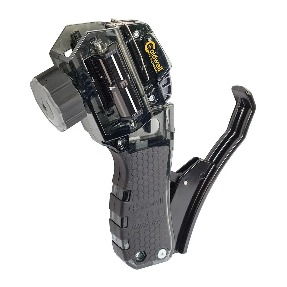 primary-35752 AOB Caldwell Mag Charger Universal Pistol Loader, black and gray angled view with loading lever