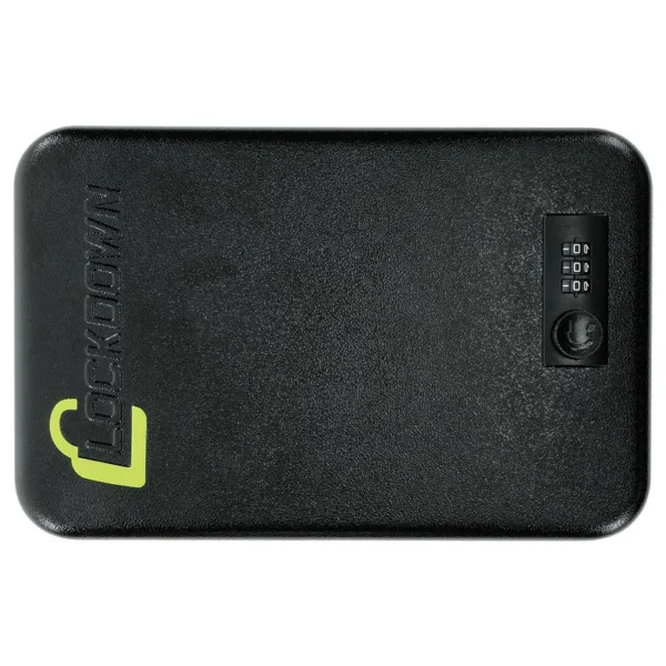 AOB Lockdown Large Combination Handgun Vault, black top view with keypad, lock and green logo