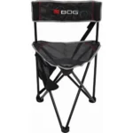 AOB BOG Tripod Ground Blind Chair, front view with black fabric seat and folding legs