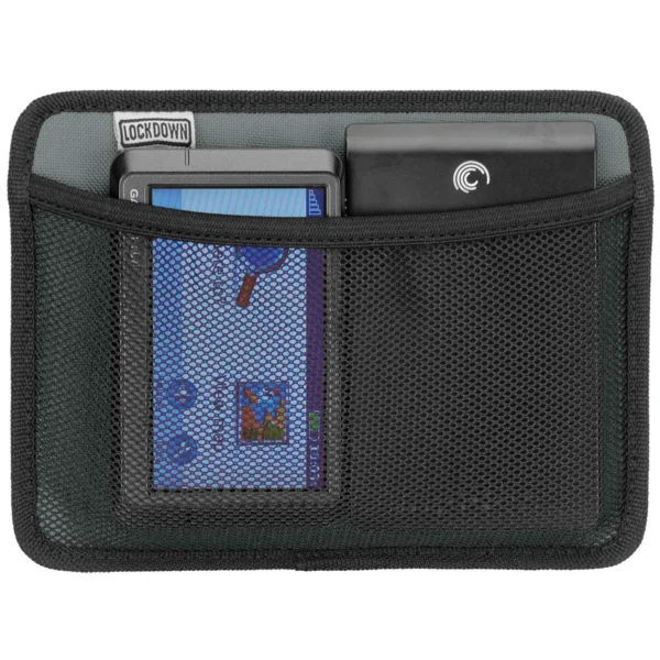 AOB Lockdown Hanging Organizer Small, black mesh pocket holding two rectangular items