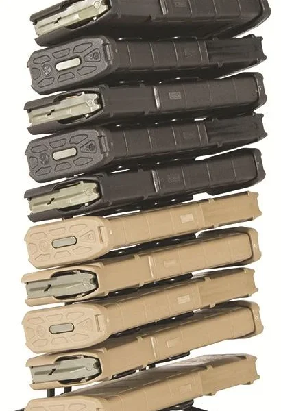 AOB Lockdown Vault Accessories AR-15 Magazine Rack, front view loaded with black and tan magazines