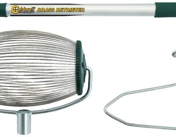 AOB Caldwell Brass Retriever, green-handled tool with wire basket and separate metal frame
