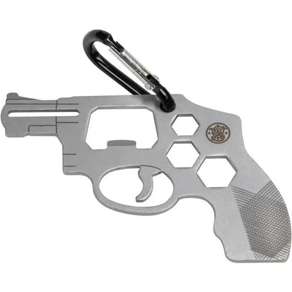 AOB Smith & Wesson M&P Revolver Novelty Multi-Tool, silver revolver shape with black carabiner