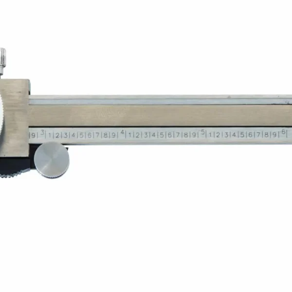 AOB Frankford Arsenal Stainless Steel Dial Caliper, side view with white dial and open jaws
