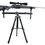 AOB BOG FieldPod Field Shooting Rest, black tripod rest shown supporting a scoped rifle