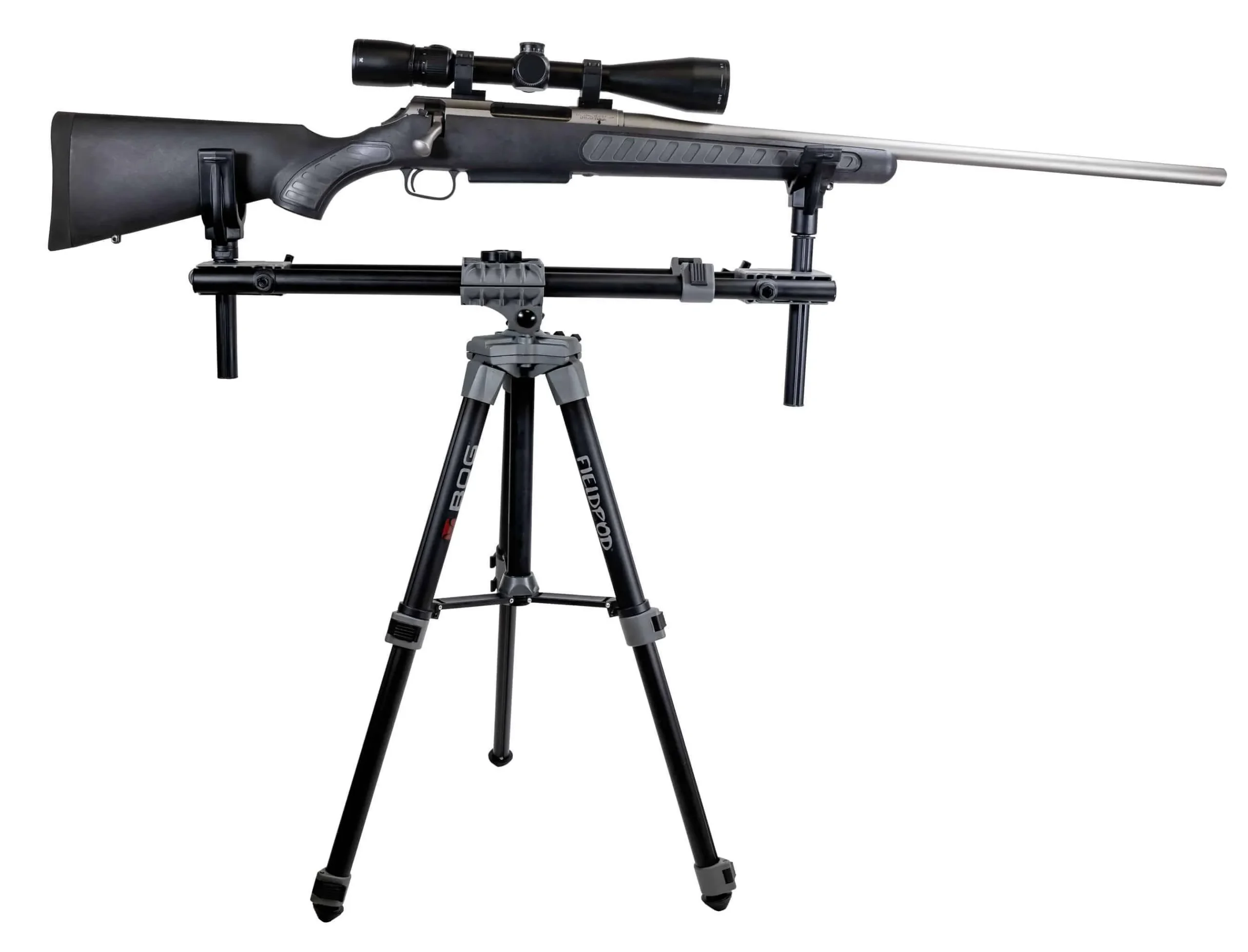 primary-35969 AOB BOG FieldPod Field Shooting Rest, black tripod rest shown supporting a scoped rifle