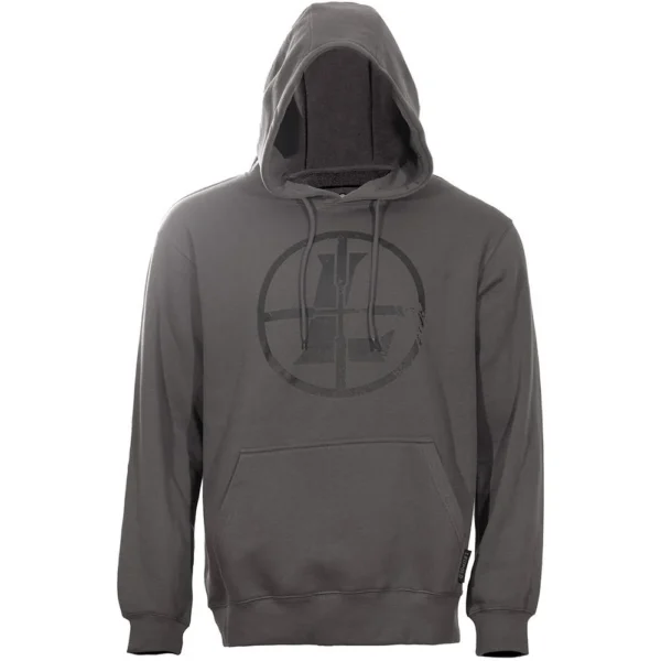 Leupold Distressed Reticle Hoodie, gunmetal gray front view with hood, drawstrings and chest logo