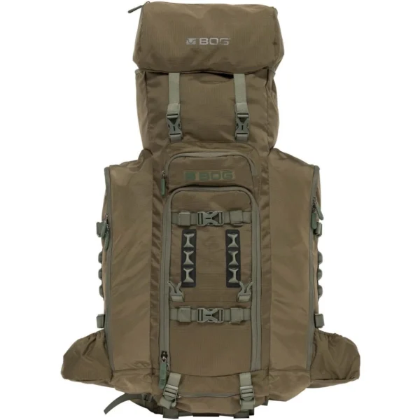 AOB BOG Hunting 6000 CI Bivy Bag, flat dark earth backpack in front view with straps and pouches
