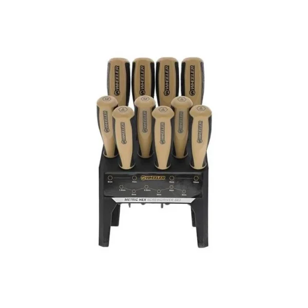 AOB Wheeler Metric Hex Benchtop Screwdriver Set, tan-handled drivers upright in black stand