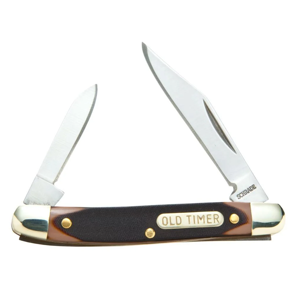primary-36055 Battenfeld Knives Old Timer Minuteman, open folding knife with two silver blades and brown handle