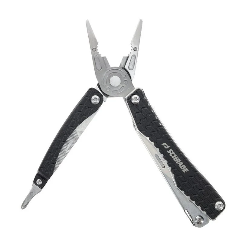 primary-36059 Battenfeld Knives Schrade Clench Multitool, open front view with black handles, pliers and tools