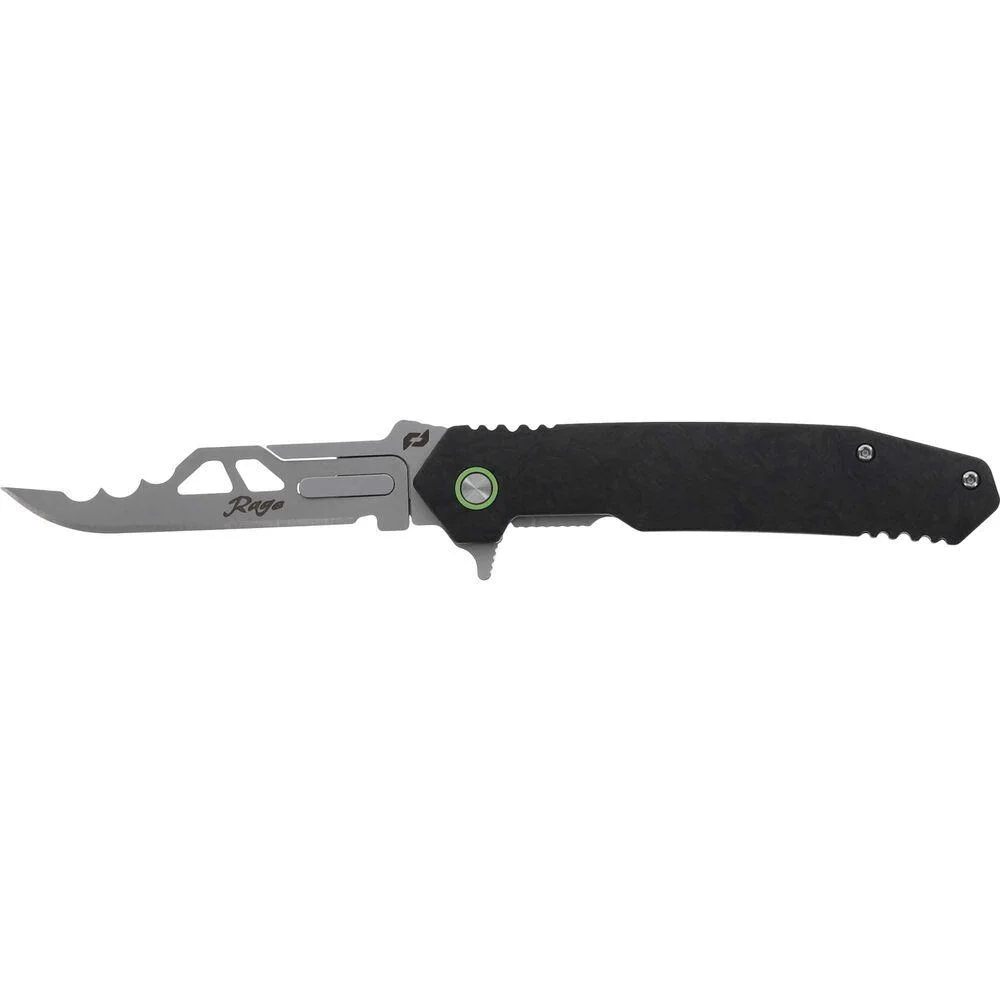 primary-36110 Battenfeld Knives Schrade Stryche Enrage 6 black folding knife with blade extended, side view