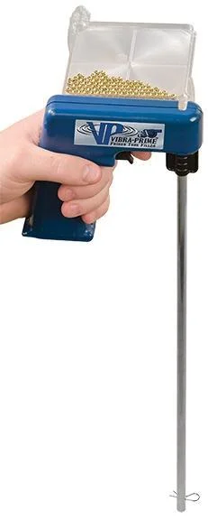 Frankford Arsenal Vibra Prime, blue handheld tool with clear primer tray and long metal tube
