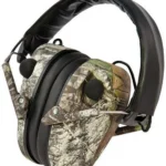 AOB Caldwell E-MAX, camouflage earmuffs in angled front view with black padded headband