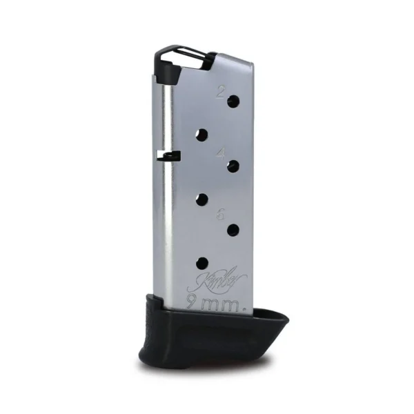 Kimber Micro 9 TacMag Handgun Magazine, silver front view with black extended base pad