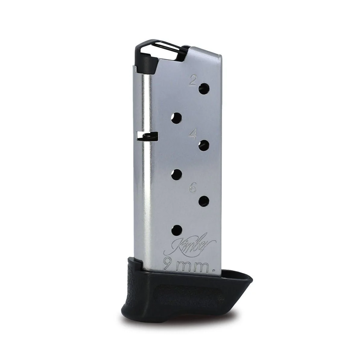 primary-36249 Kimber Micro 9 TacMag Handgun Magazine, silver front view with black extended base pad