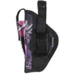 Bulldog Extreme handgun holster, right-side view in black with pink camouflage panel, loop and clip