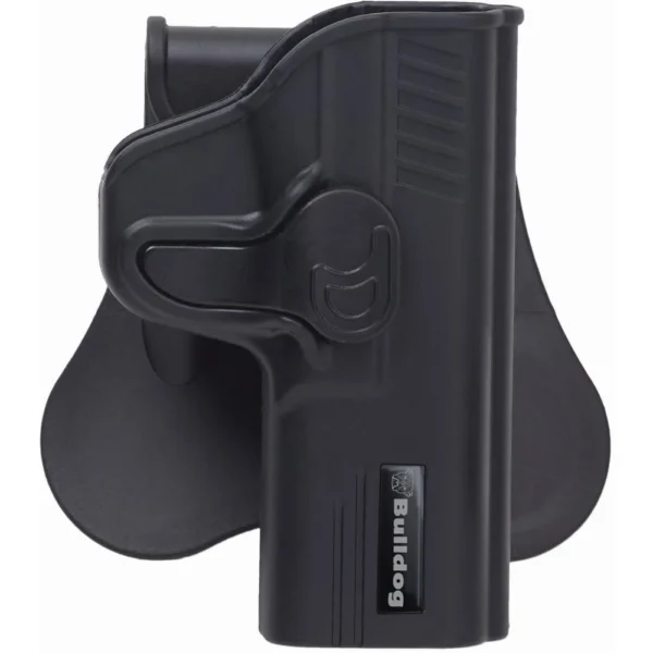 Bulldog Rapid Release Polymer Holster, black front view with paddle and release lever