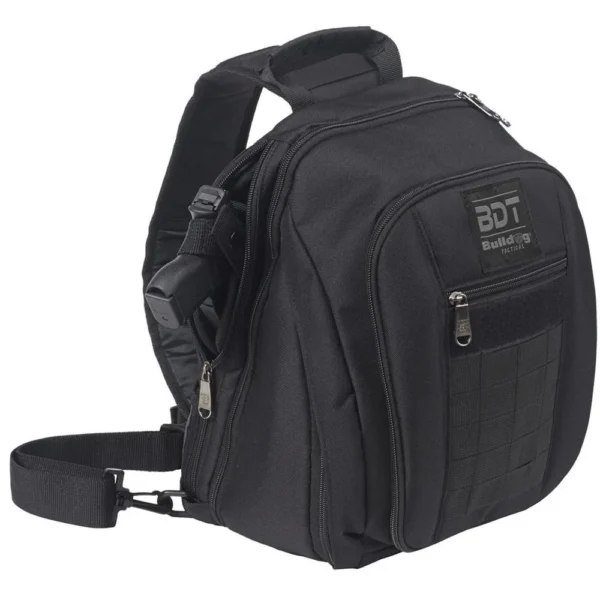 Bulldog BDT Tactical Concealed Carry Sling Pack, black front-right view with strap and zip pockets