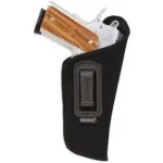 Bulldog Deluxe IWB Holster, black holster with polymer clip and handgun partially inserted