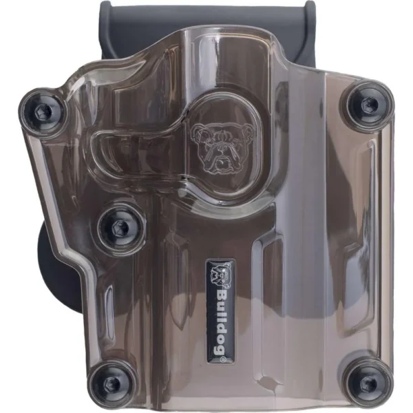 Bulldog Max Multi-Fit Polymer Holster, transparent smoke brown front view with black paddle