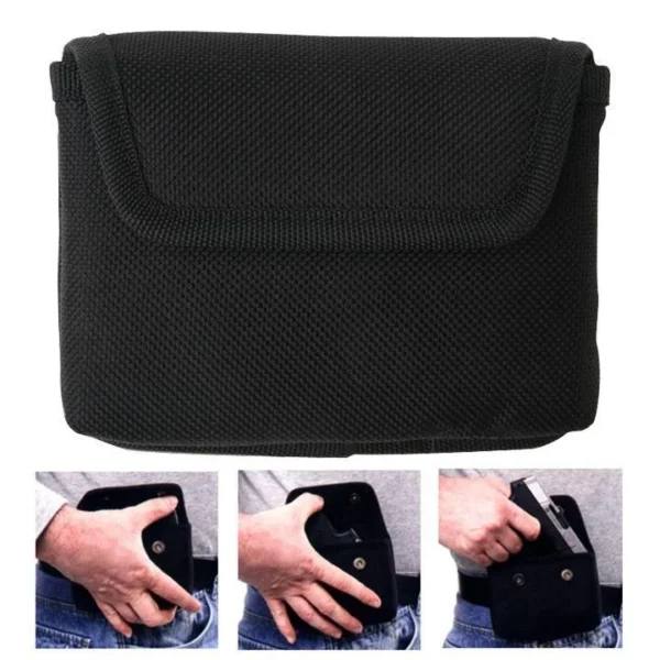 Bulldog Ambidextirous .380 Auto Cell Phone Holster, black fabric pouch with flap and belt-use insets