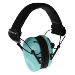 Radians Dual Microphone Electronic Earmuff, angled view with aqua cups and black headband