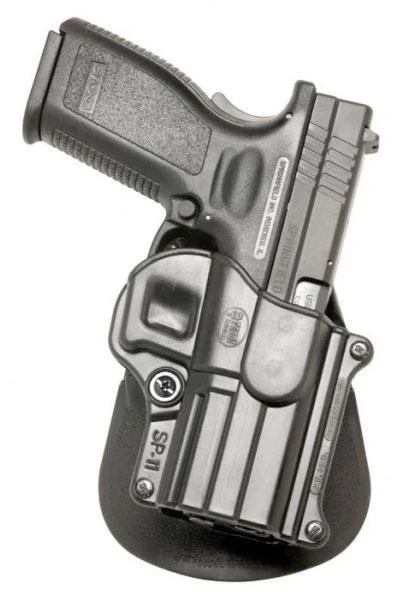 Fobus Standard Paddle Holster for Springfield XD, black right-hand holster holding a pistol