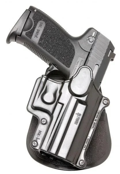 Fobus H&K USP Compact/Full Roto Paddle Holster, black holster with handgun, right-side view