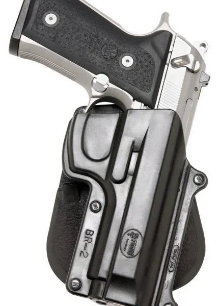 Fobus Standard Paddle Holster, black right-side holster holding a silver and black pistol