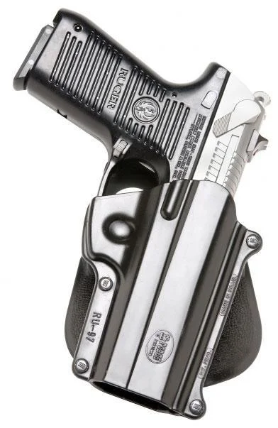 primary-36464 Fobus Standard Paddle Holster for Ruger P90 and P94, black right-side holster holding a pistol