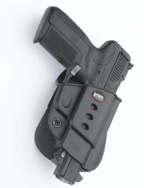 Fobus Evolution Series paddle holster for FN 5.7, black, right side view holding a pistol
