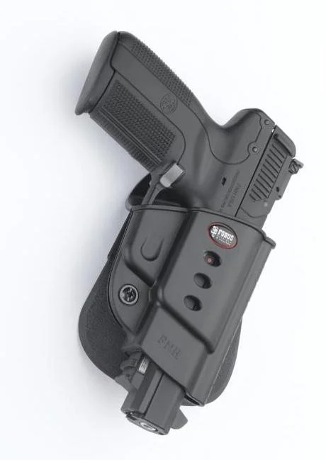 primary-36468 Fobus Evolution Series paddle holster for FN 5.7, black, right side view holding a pistol
