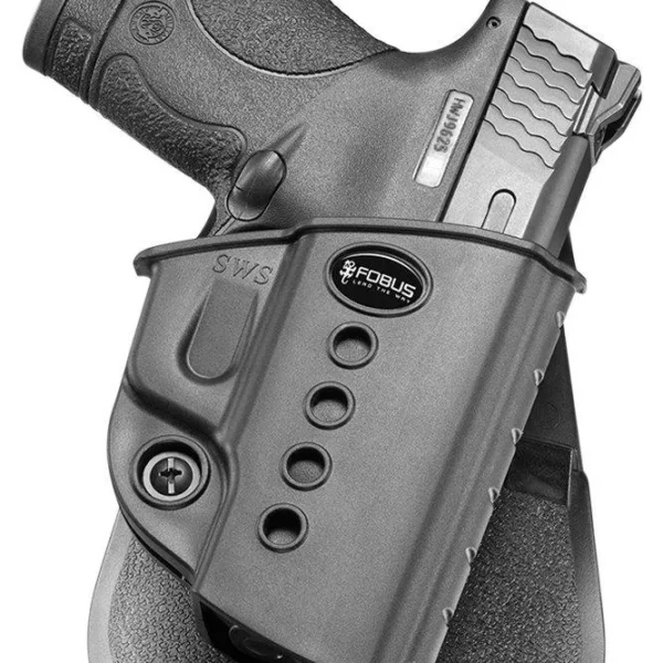 Fobus Evolution Series Retention Paddle Holster, black, holding a compact pistol