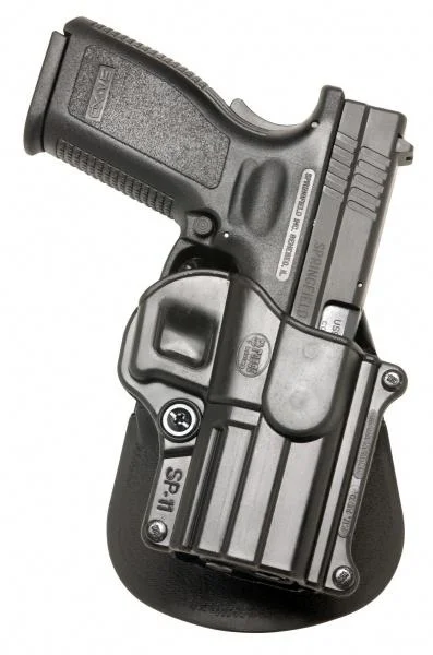 Fobus Compact Roto-Holster Paddle Springfield XDM, black paddle holster holding a pistol