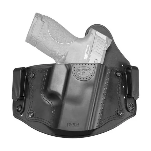 FOBUS USA LLC medium universal IWB holster, black front view with combat cut and belt clips