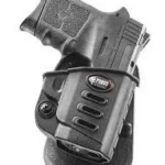 Fobus Evolution Series Paddle Holster, black right-hand holster with handgun, angled side view